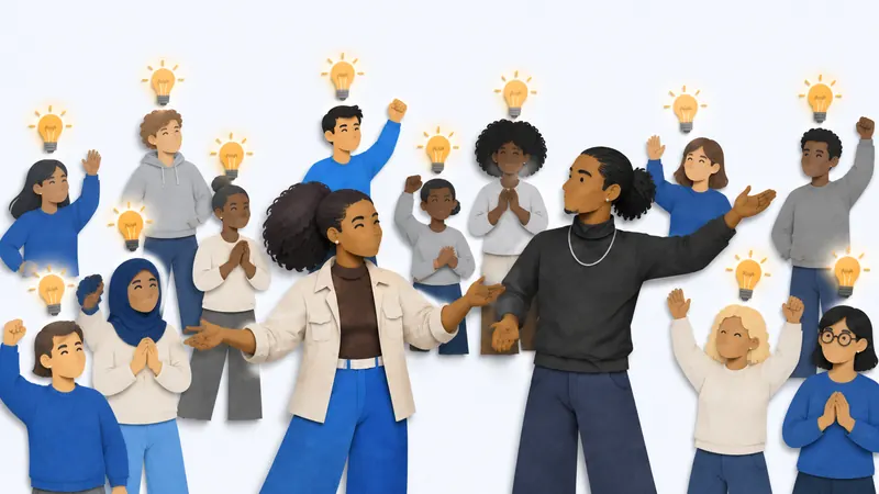 Paper-cut illustration of two young people at the front of a diverse crowd, each person with a lit lightbulb above their head.