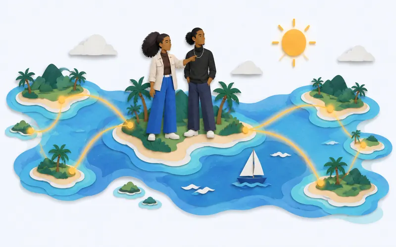 Paper-cut illustration of two people standing on a Caribbean island, with dotted routes linking it to nearby islands.