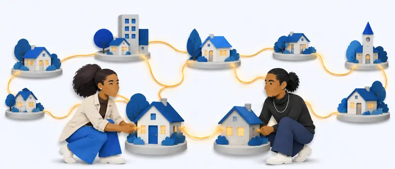 Paper-cut illustration of two people connecting small houses and towns with glowing threads.