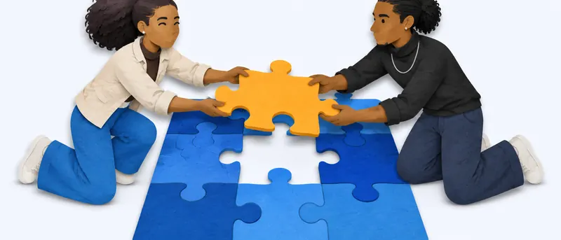 Paper-cut illustration of two people kneeling on a large blue puzzle and fitting the final gold piece together.
