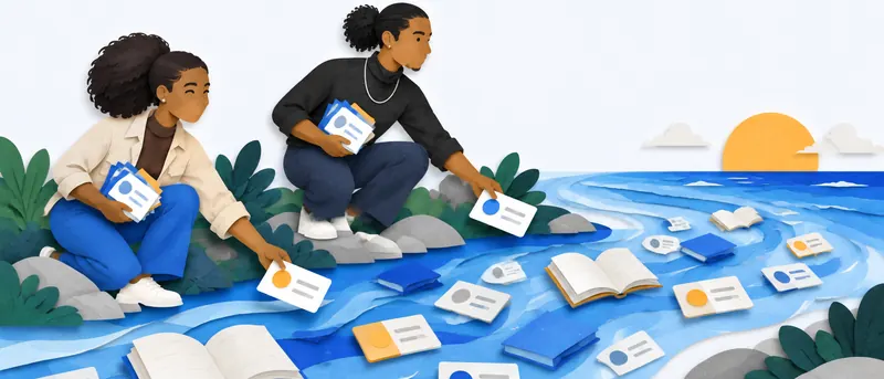 Paper-cut illustration of two people beside a river full of floating papers, books and cards, picking out the pieces that matter.